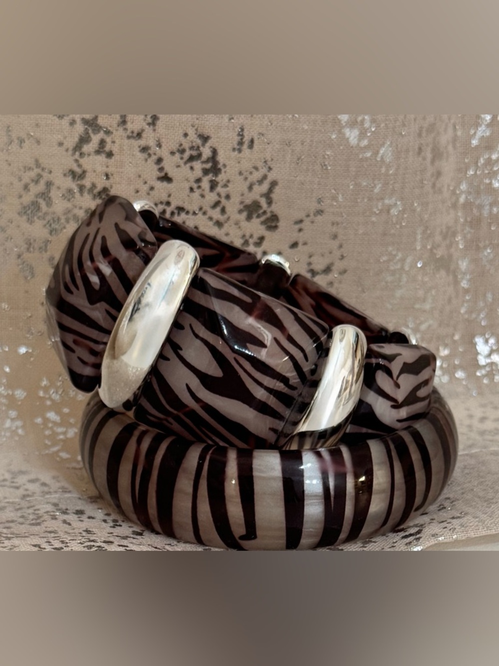 Pair of Chunky Zebra Print Resin Bangles with Silver Accents